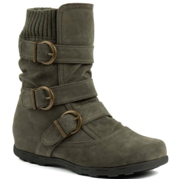 Diona j Shoes - WOMENS BUCKLE STRAPPED FLAT SOCK BOOTS ELMA-01 OLIVE   SIZE 8.5